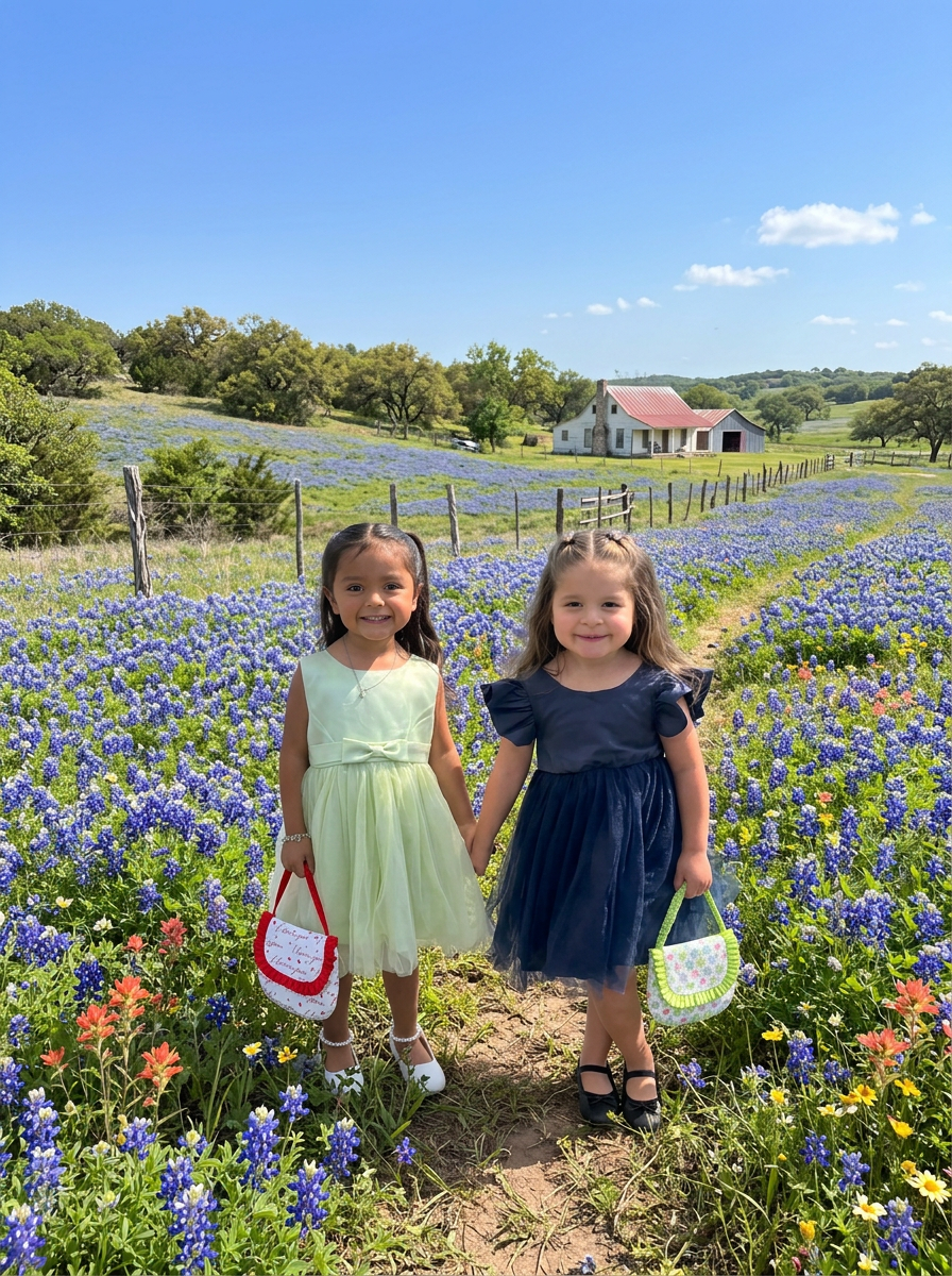 Two young girls holding Elam & Co. Kialiyah quilted tote bags in a Texas bluebonnet and Indian paintbrush wildflower field