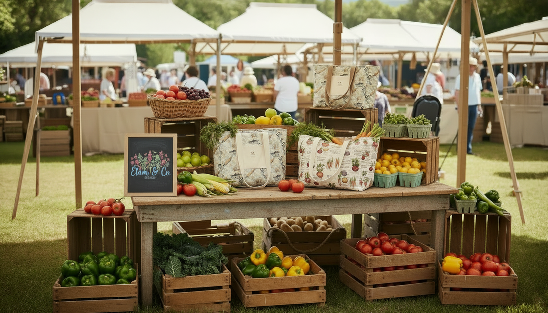 Country Harvest Carryall hand-quilted grocery totes displayed at a farmers market surrounded by fresh produce