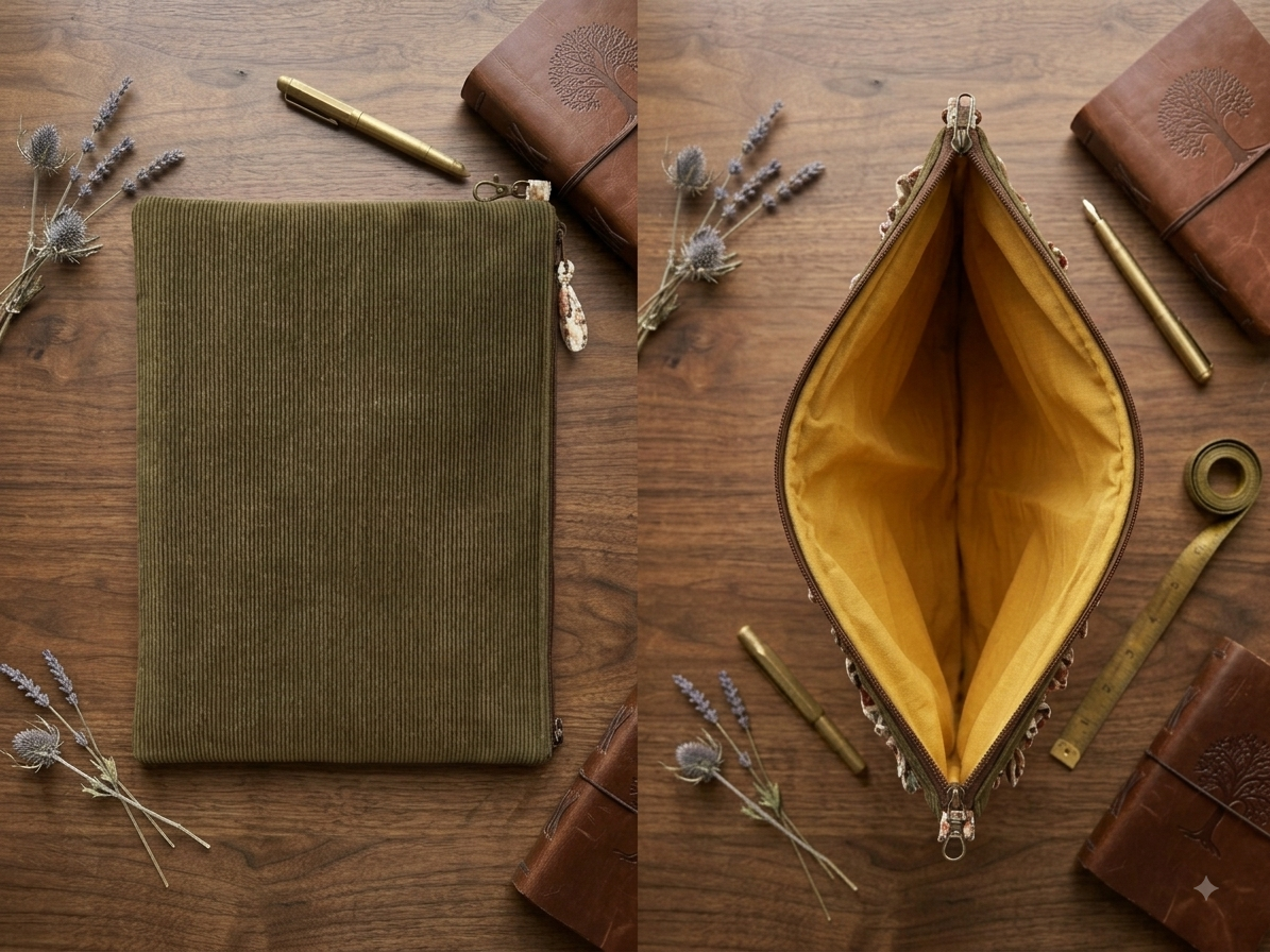 A split view of an olive green corduroy zippered pouch on a wooden tabletop, with one side closed and the other side open to show a mustard yellow interior. Styled with leather notebooks, brass pens, and dried lavender sprigs.