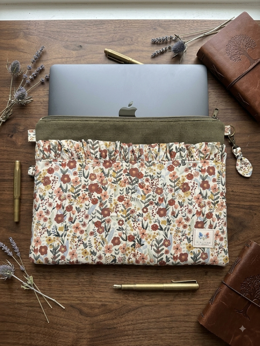A floral laptop sleeve with an olive green corduroy top, shown holding a gray laptop on a wooden desk with styled props including a leather journal, pen, and dried lavender.