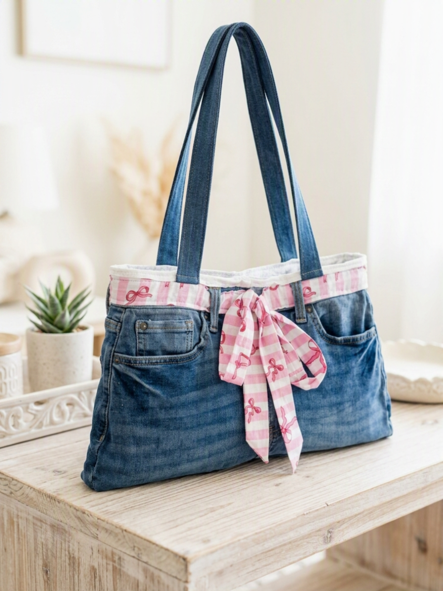 Pink Bow Denim Upcycled Tote featured in Blue Jean Purse.PNG showcasing a shoulder bag handcrafted from the waistline of repurposed blue jeans, detailed with a pink and white gingham bow woven through the belt loops on a light wood table.