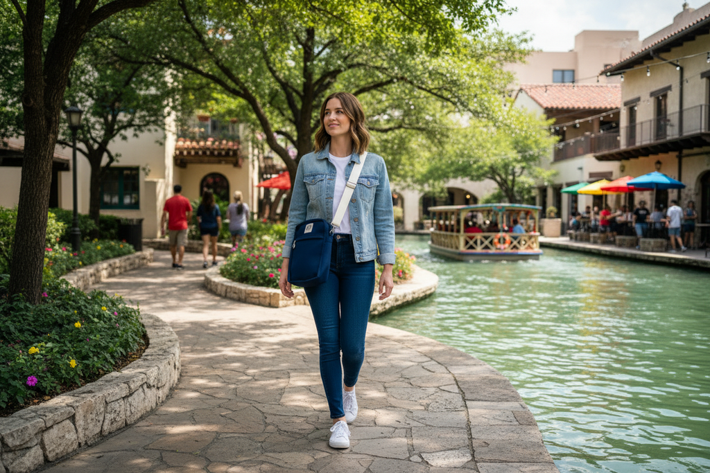 Woman wearing a navy crossbody sling bag while walking at the San Antonio Riverwalk.