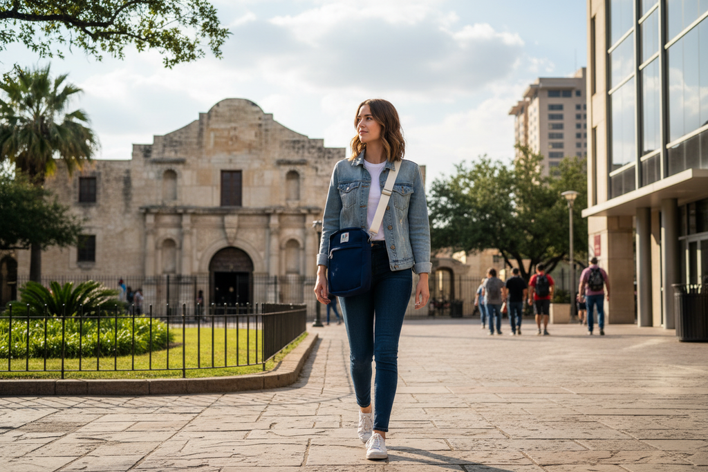 Modern minimalist navy utility bag being worn in front of the Alamo, San Antonio.