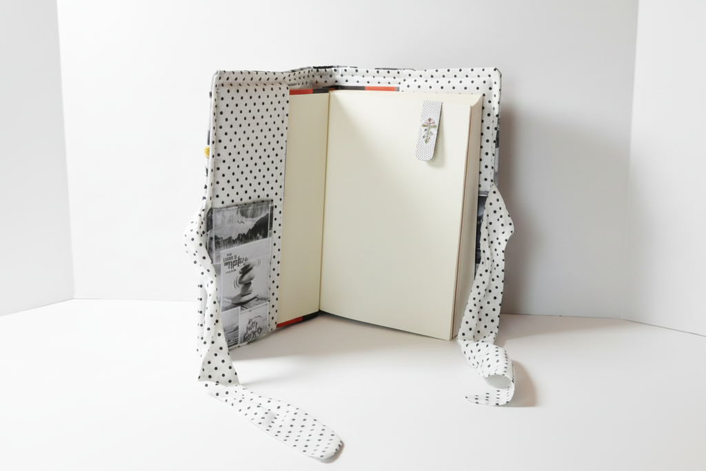 Open book with polka dot cover on a white background