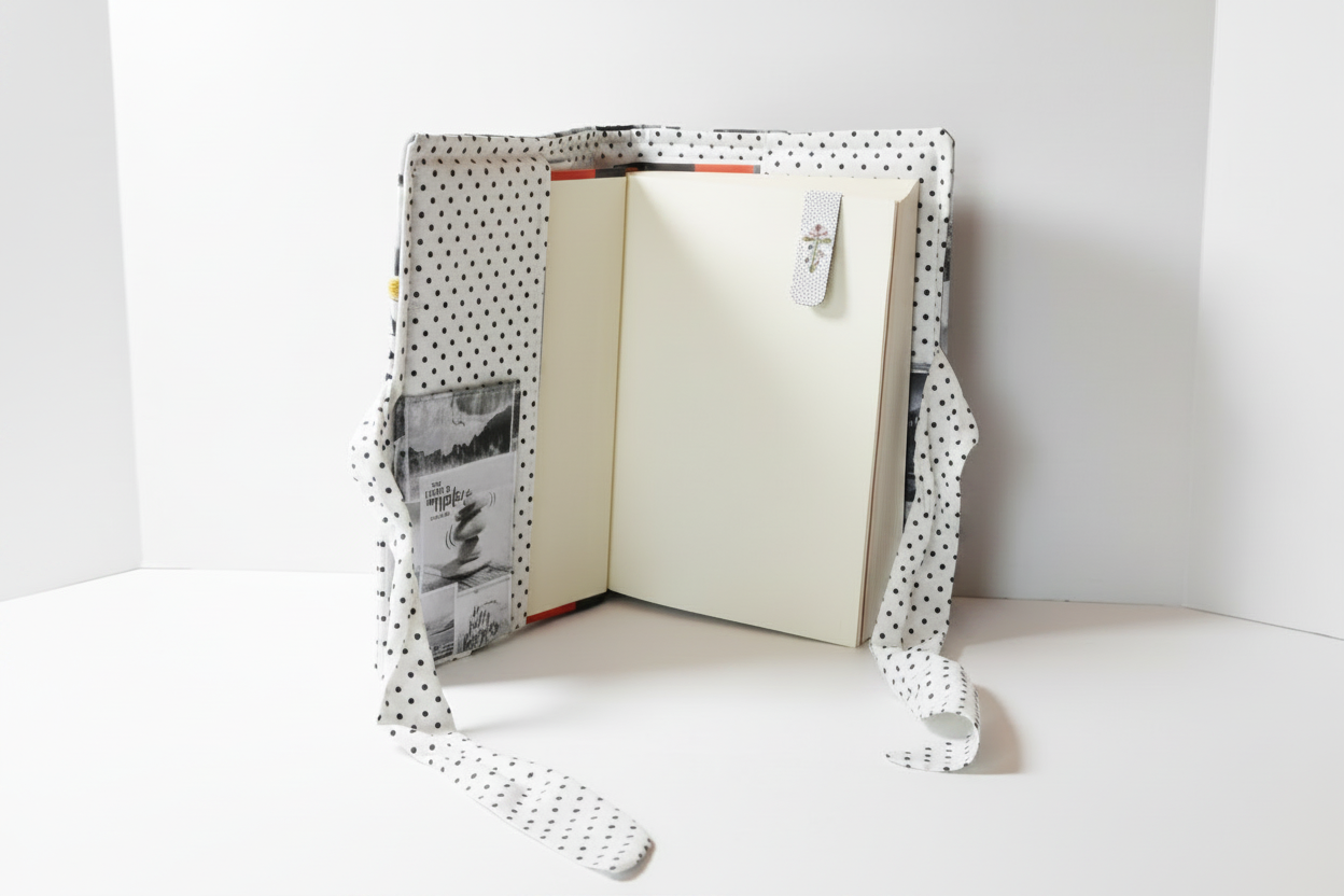 Open book with polka dot cover on a white background