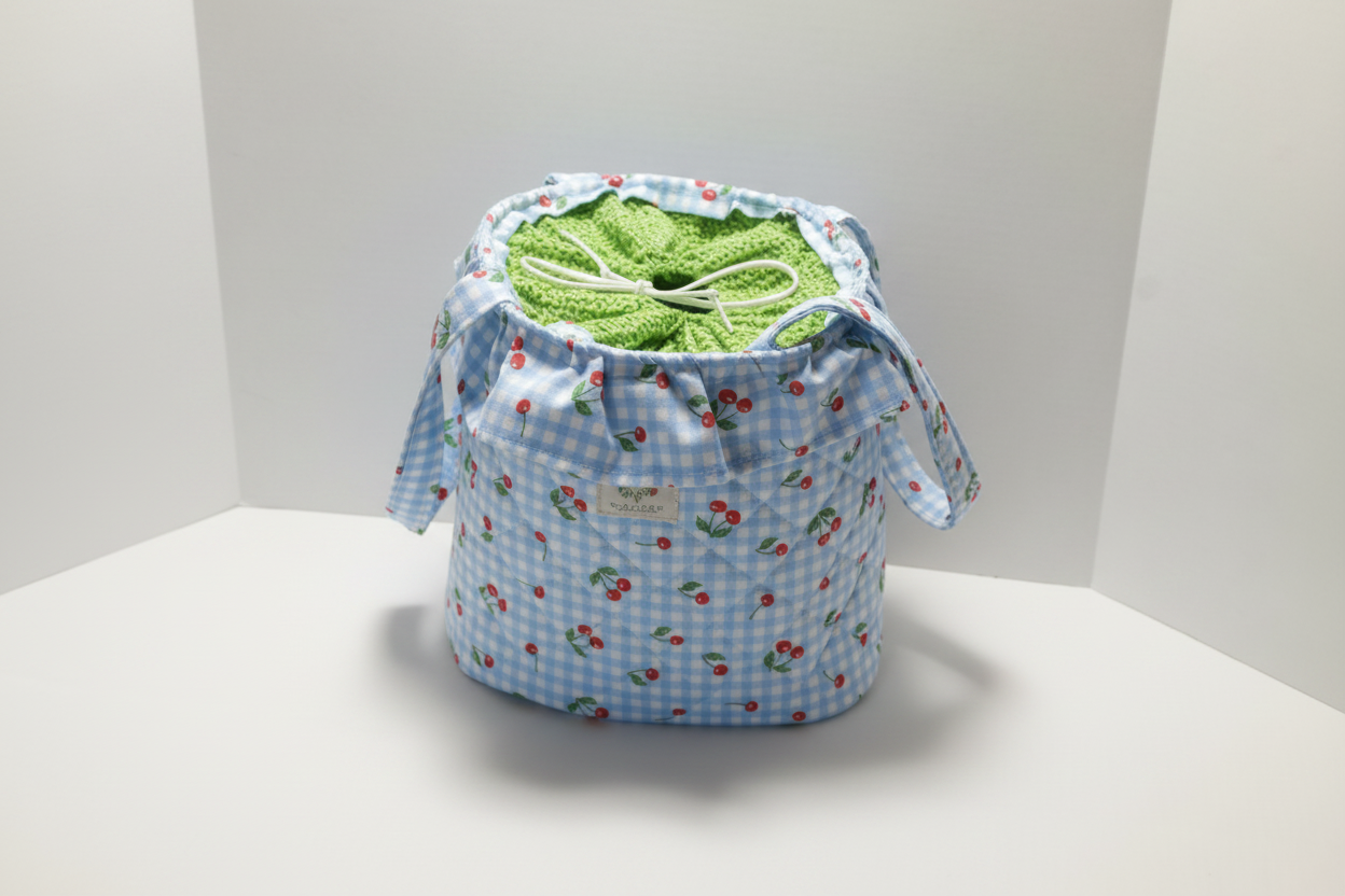 Fabric storage bag with a checkered pattern on a white background