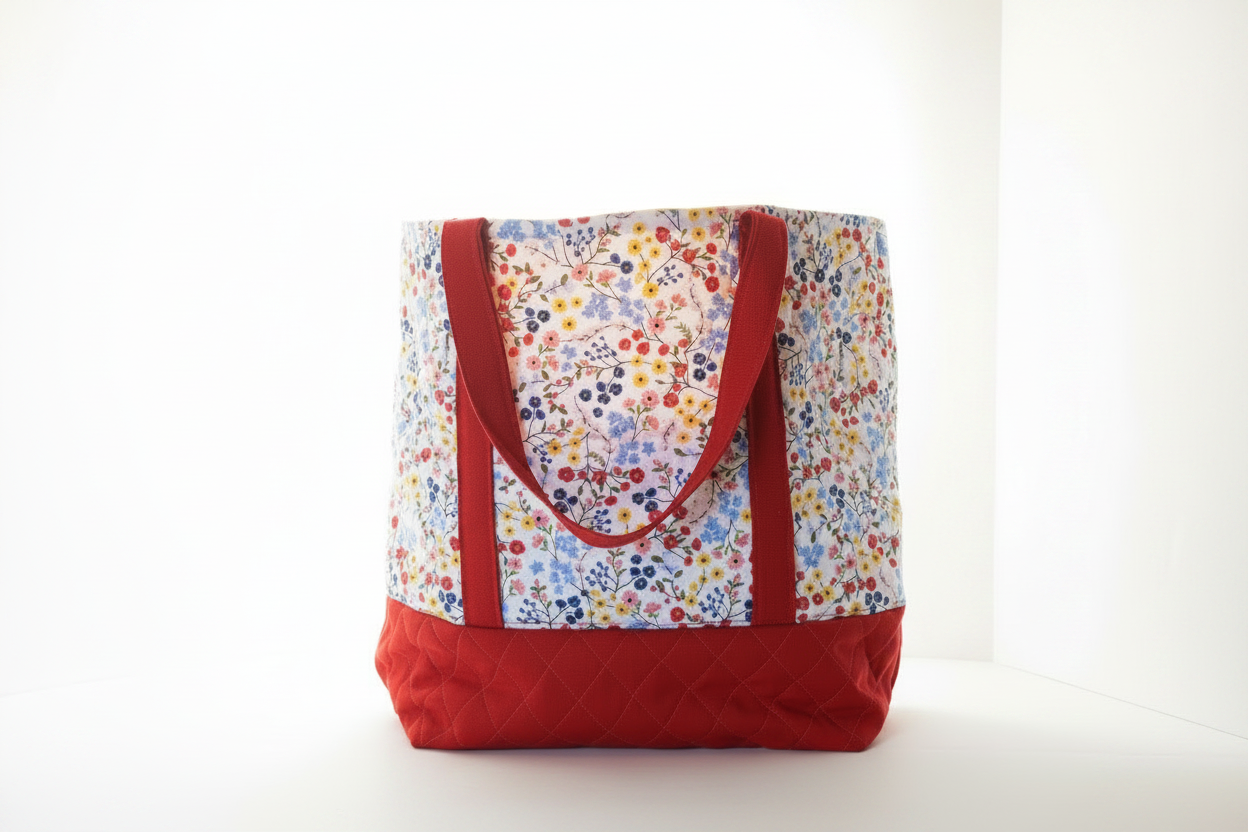 Handmade large quilted beach tote bag featuring a colorful wildflower print fabric top and a structured crimson red diamond-quilted base with red straps.