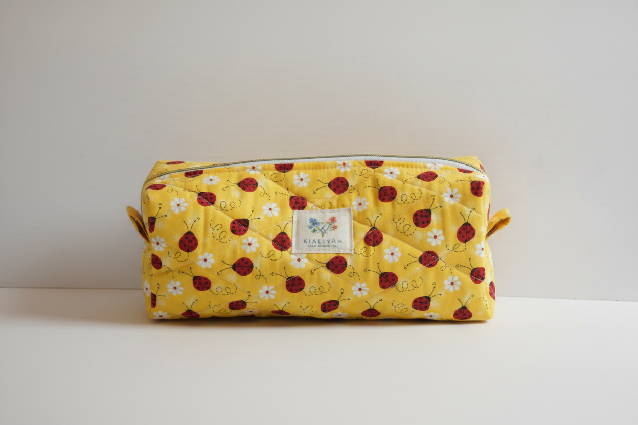 Handmade yellow ladybug and daisy print quilted cosmetic makeup bag, boxy artisan fabric travel pouch with yellow side tabs.