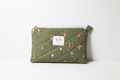 Handmade olive green quilted mini wallet with mushroom and polka-dot print, artisan fabric card holder with gold zipper.