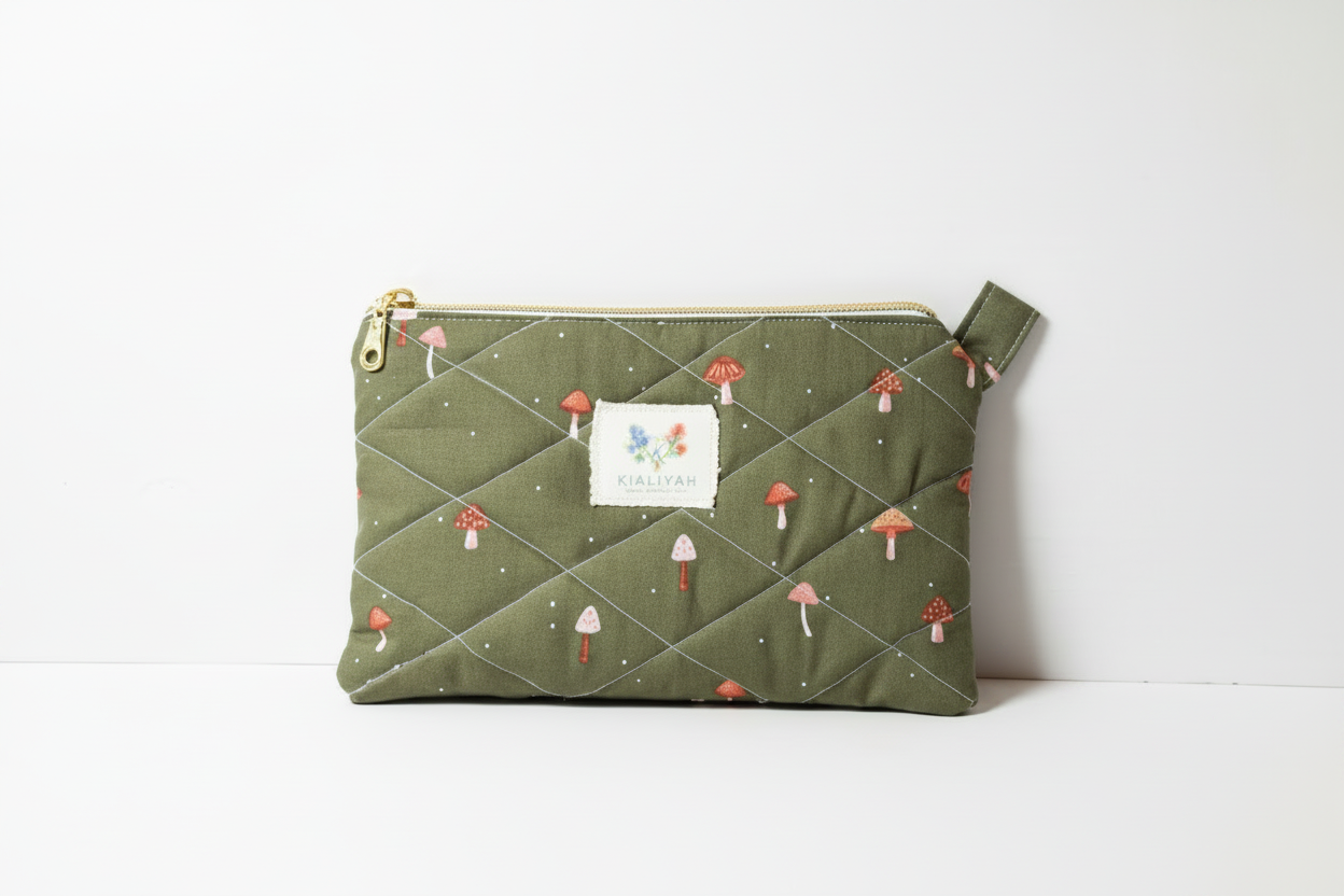 Handmade olive green quilted mini wallet with mushroom and polka-dot print, artisan fabric card holder with gold zipper.