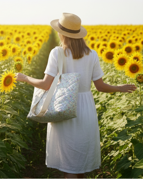 Woman in a white dress and straw hat standing in a sunflower field, holding a patterned bag.