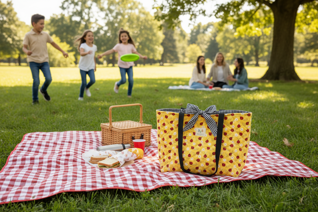 Children playing with a picnic basket and bag in a park