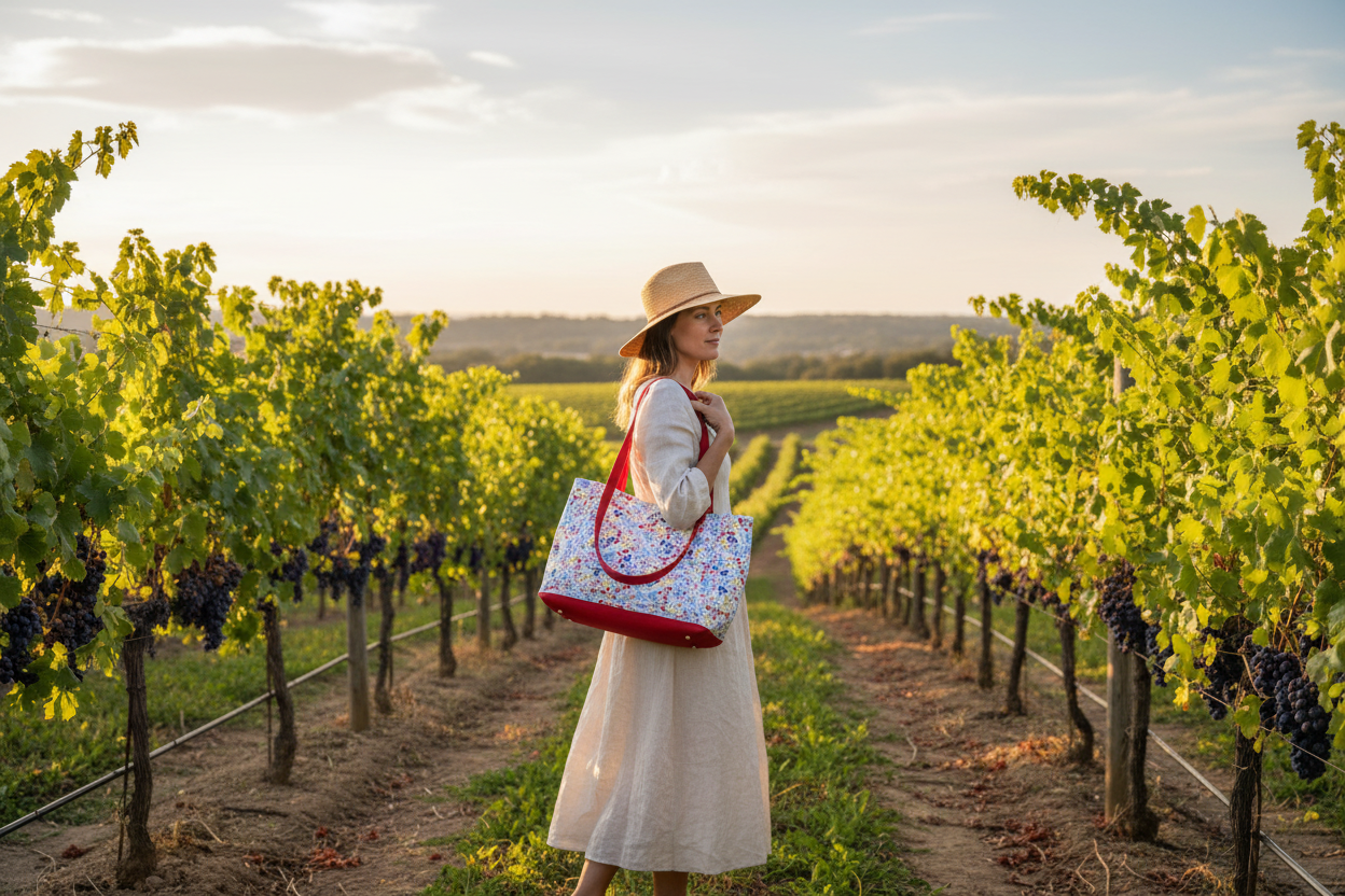 Woman in a vineyard holding a colorful bag, wearing a hat and dress.