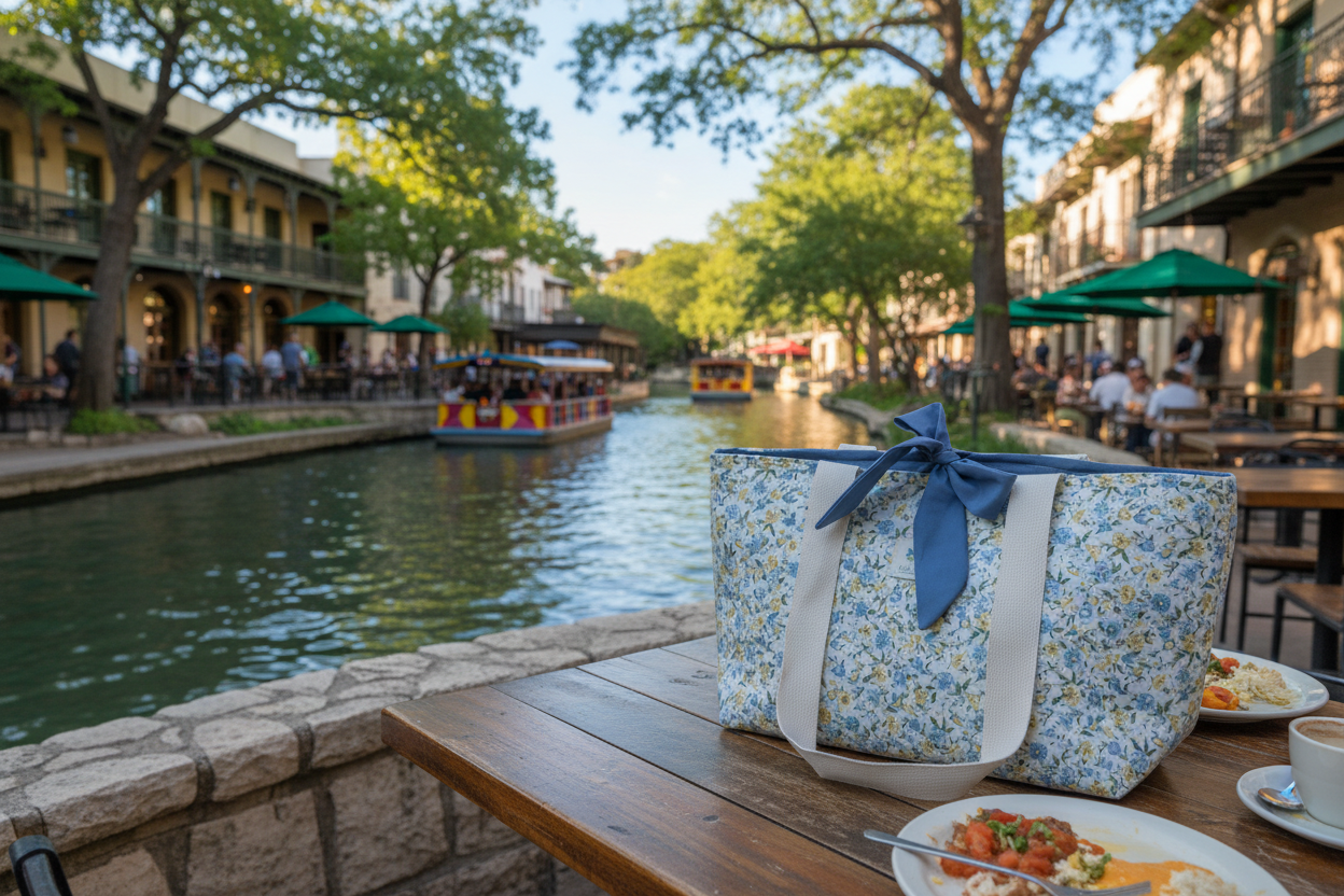 Floral tote bag with a blue ribbon on a table by a canal with people and buildings in the background.