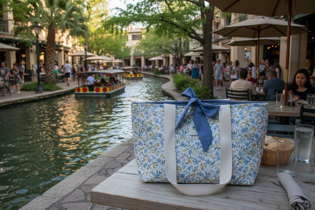 Blue floral tote bag with a blue ribbon on a table by a canal with people and boats in the background.