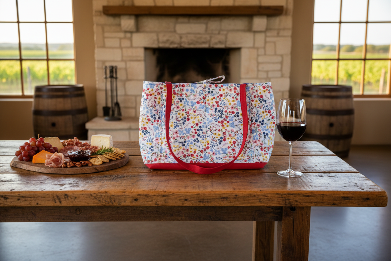 Floral-patterned tote bag on a wooden table with a charcuterie board and wine glass in a winery setting.