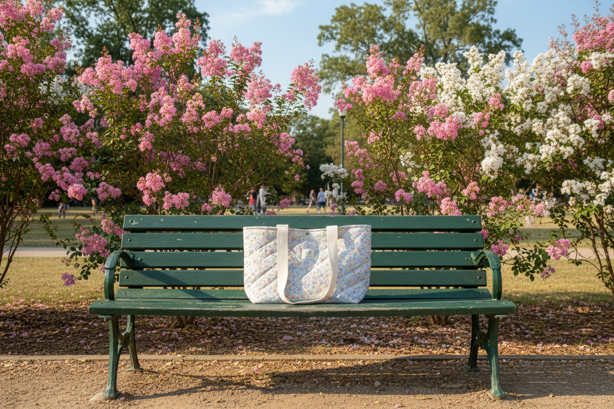 Green bench with a white bag on it, surrounded by pink and white flowering trees in a park.