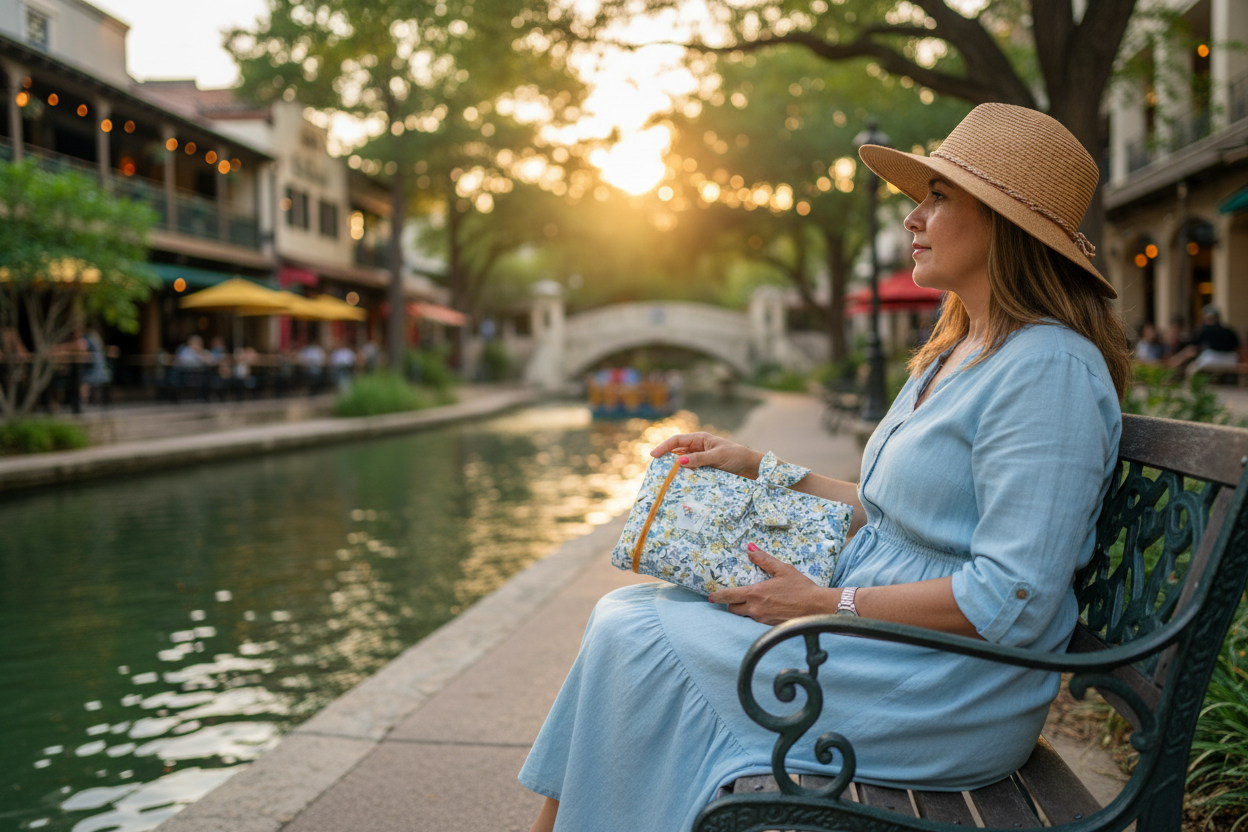 Woman in a blue dress and straw hat sitting on a bench by a canal at sunset.