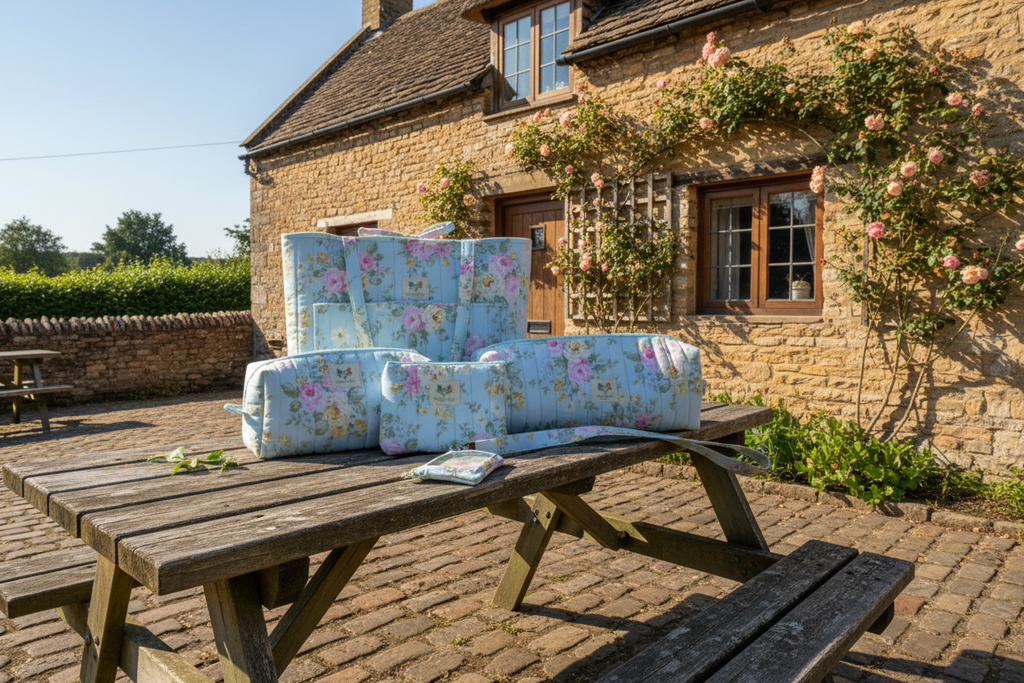 Floral-patterned cushions on a wooden picnic table in front of a stone building with garden elements.