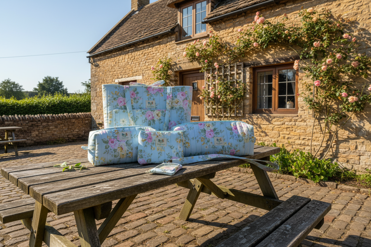 Floral-patterned cushions on a wooden picnic table in front of a stone building with garden elements.