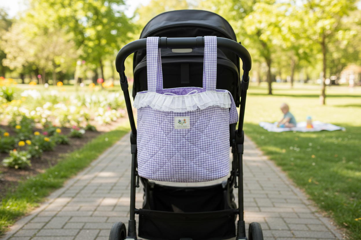 The Purple Gingham Quilted Stroller Tote featuring a lavender and white check pattern, designed with vertical channel quilting, cream webbing shoulder straps, and integrated matching fabric stroller handlebar loops with button closures, resting upright on a rustic wooden workshop table.