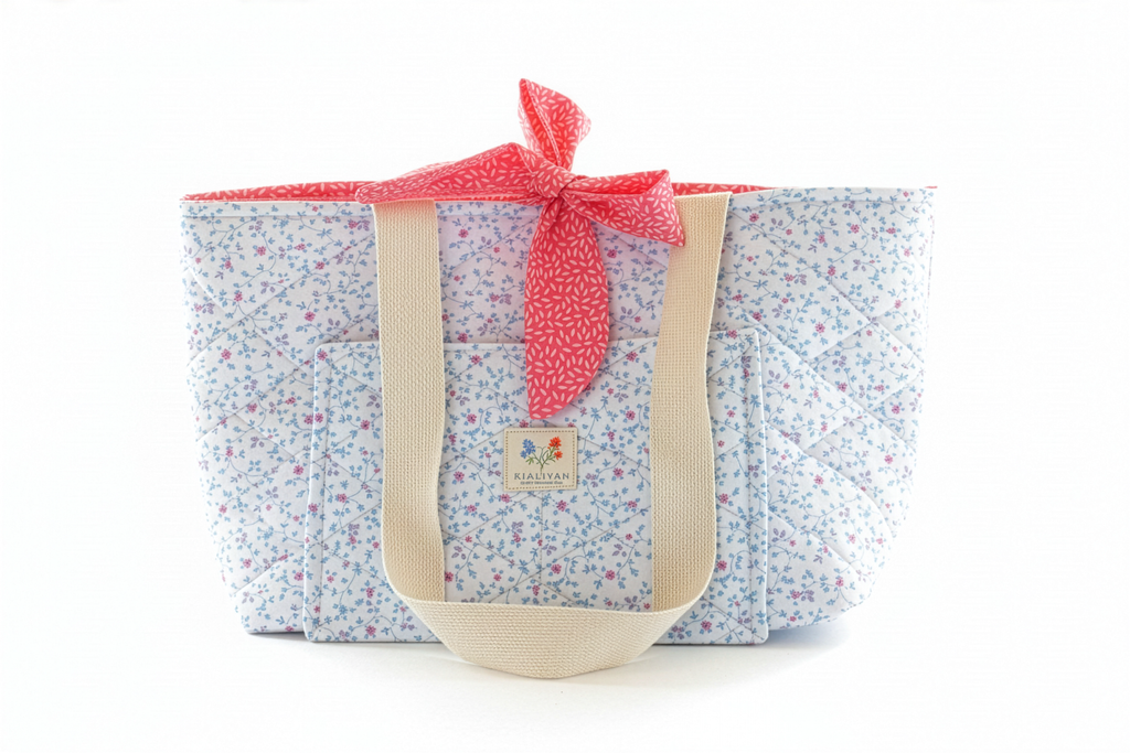 Floral-patterned tote bag with a red ribbon on a white background