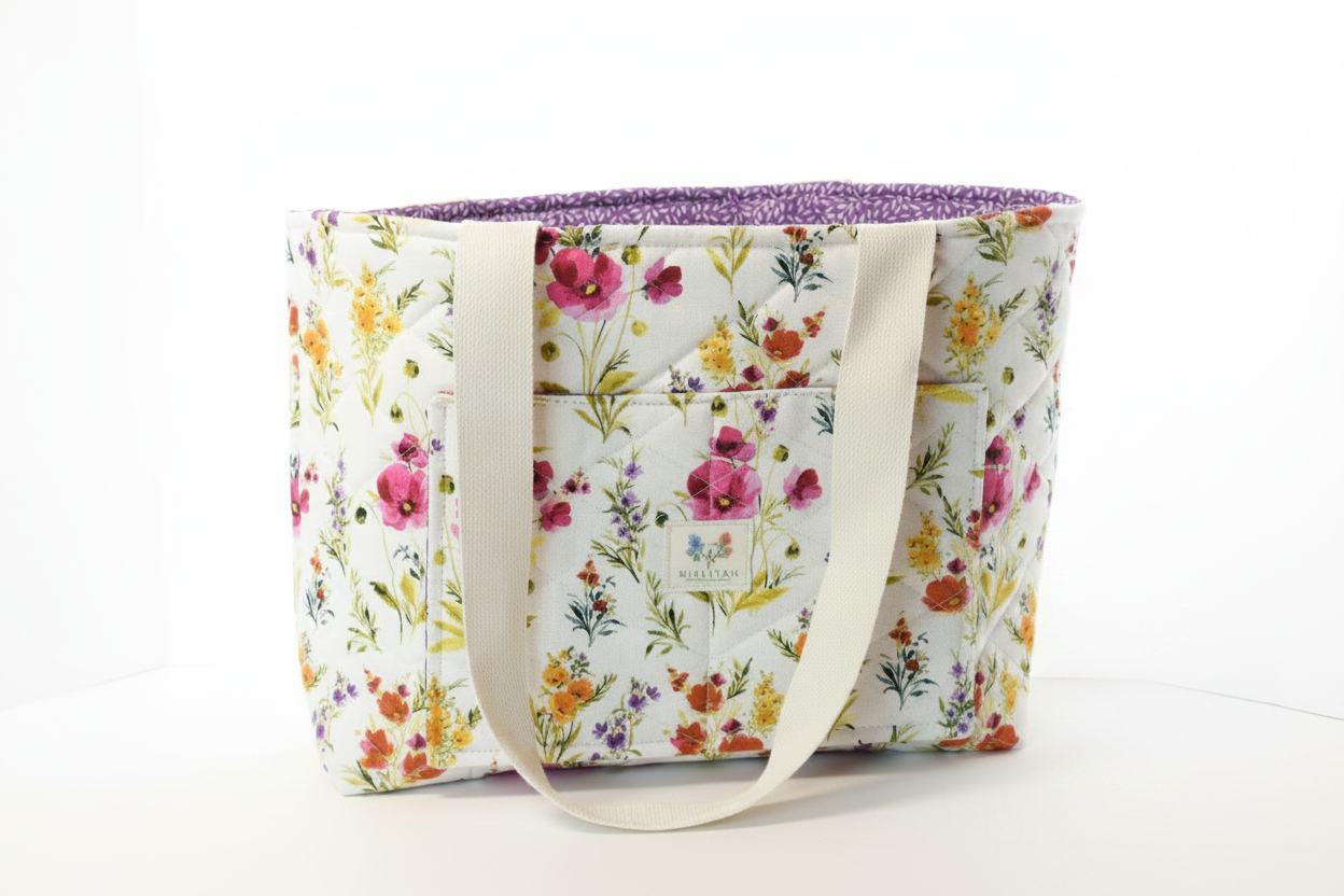 Floral-patterned tote bag with a white background