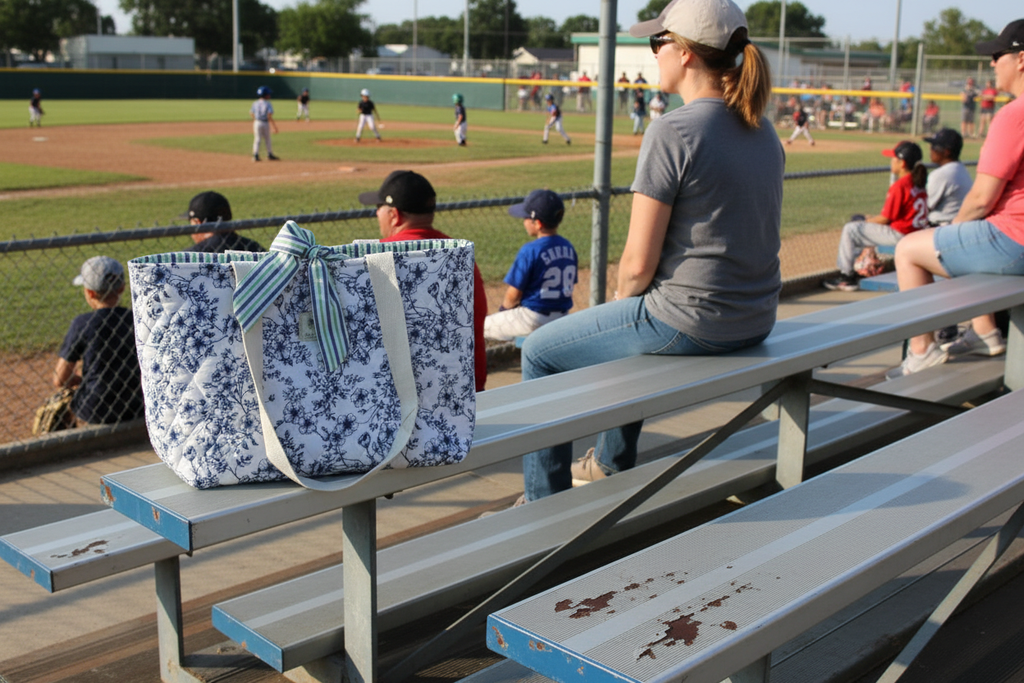 Two blue floral-patterned bags on a metal bench at a baseball field with people in the background.
