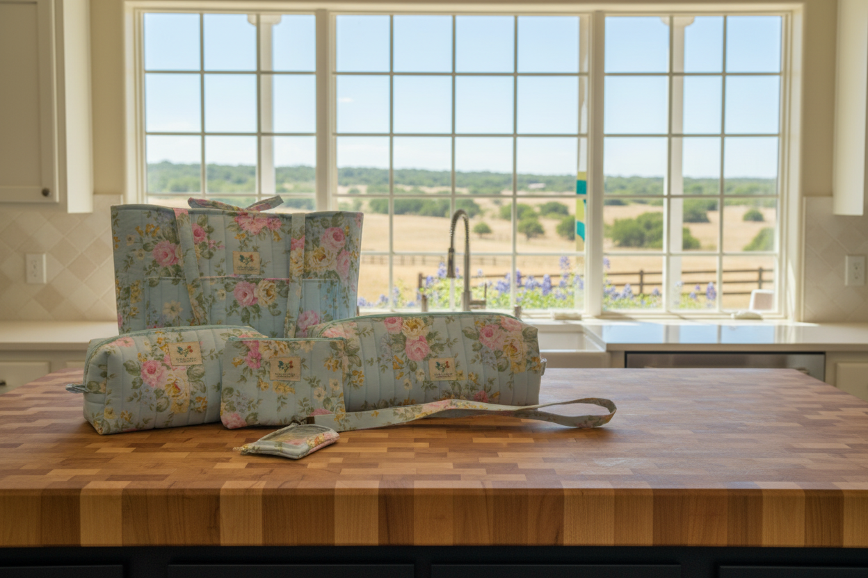 Floral-patterned bags on a wooden surface with a window view of a field.