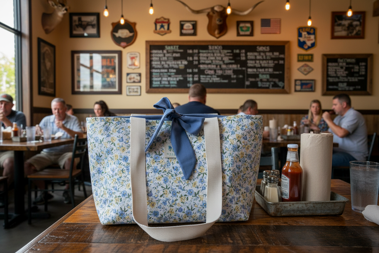 Floral-patterned bags with a blue ribbon on a table in a restaurant setting.