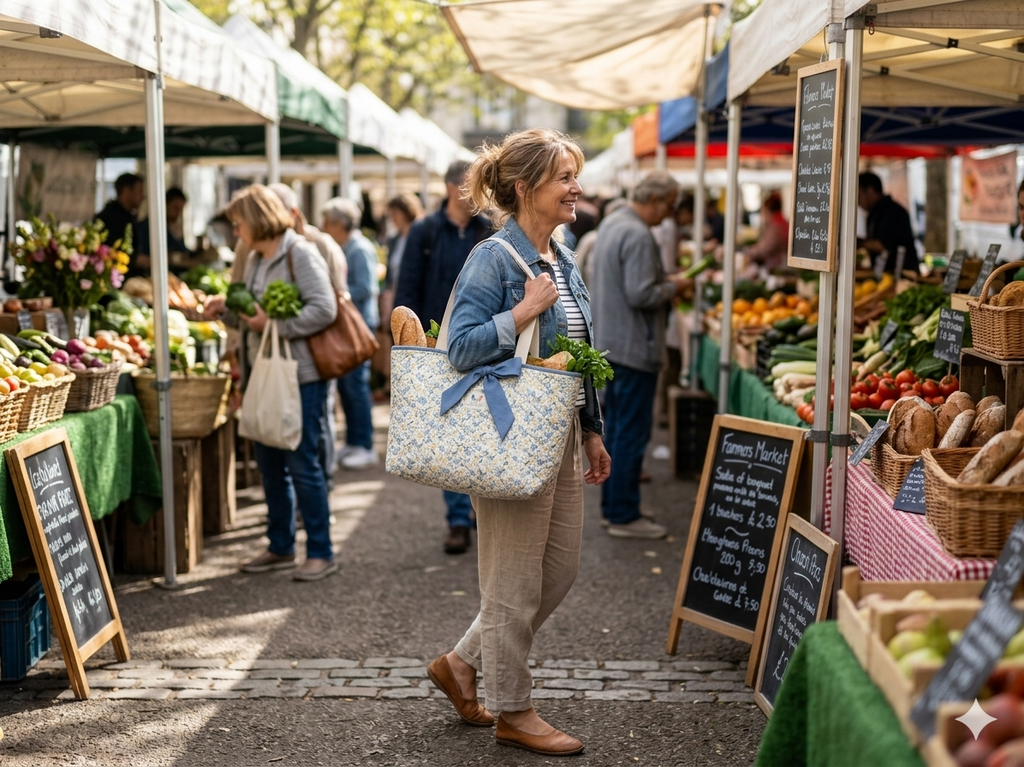 Woman shopping at an outdoor farmers market with various stalls and people in the background.