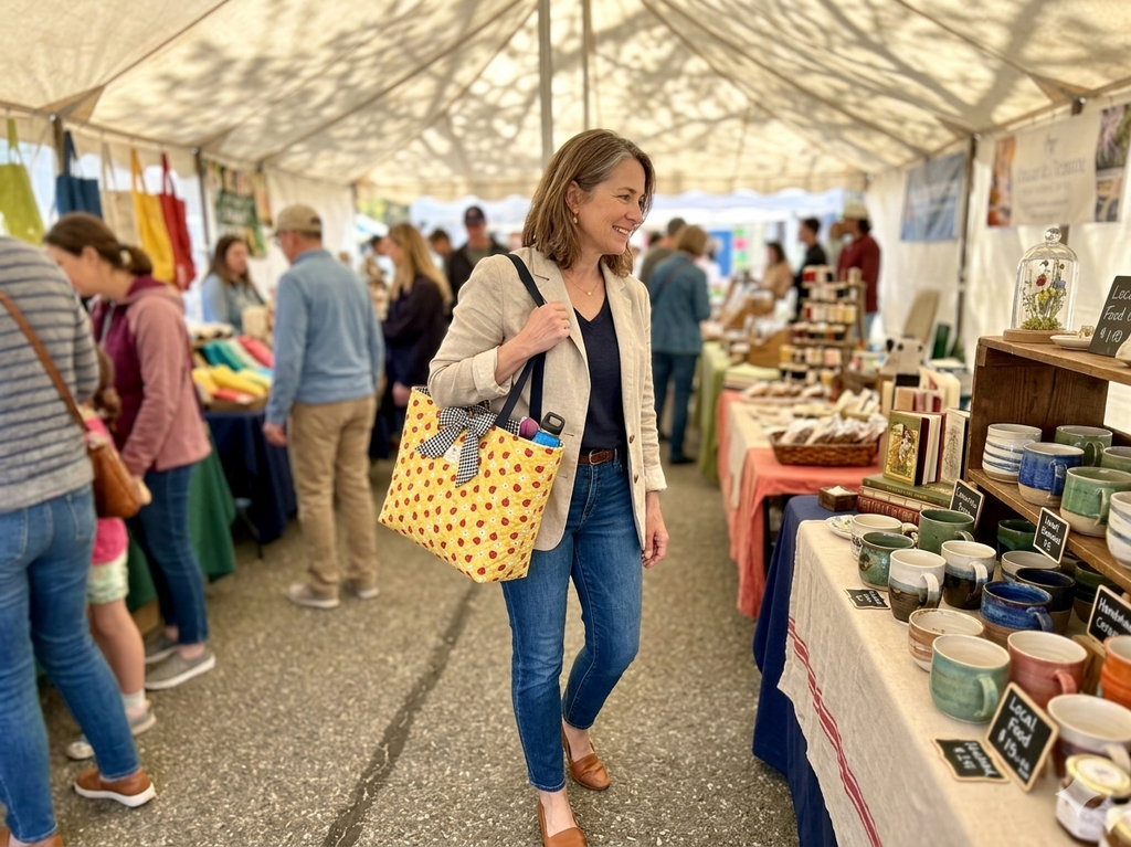 Woman shopping at an outdoor market with a yellow patterned bag.
