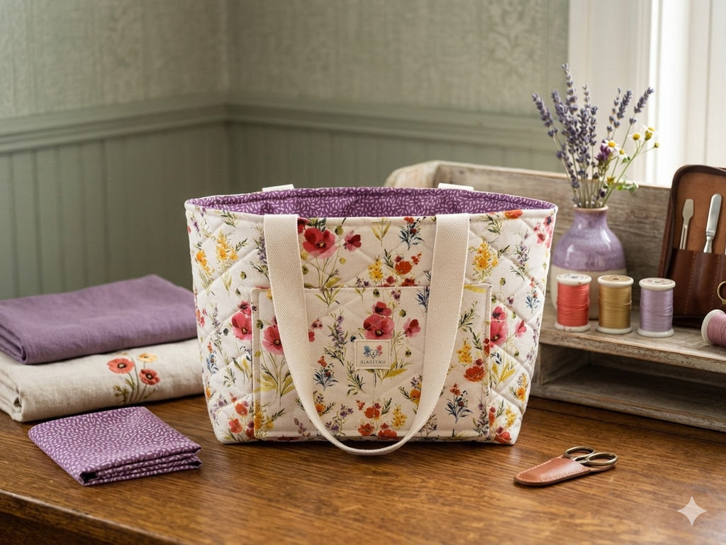 The Wildflower Garden Quilted Market Tote featuring a pink, purple, and amber botanical print on white diamond-quilted cotton fabric, accented by wide cream webbing shoulder straps, shown sitting upright on a rustic wooden workshop table next to purple fabric accents.
