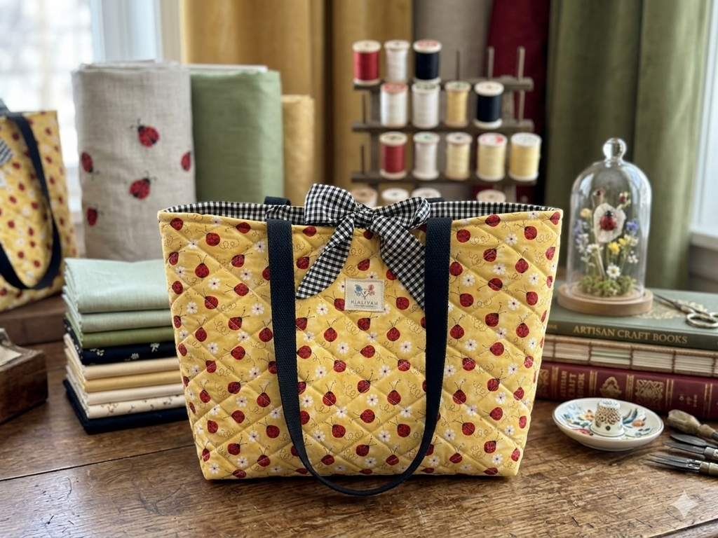 The Ladybug and Gingham Quilted Market Tote featuring a botanical vine and ladybug print on cream fabric, a red and white gingham quilted base, cream webbing shoulder straps, and matching fabric top ties, resting upright on a rustic wooden workshop table.