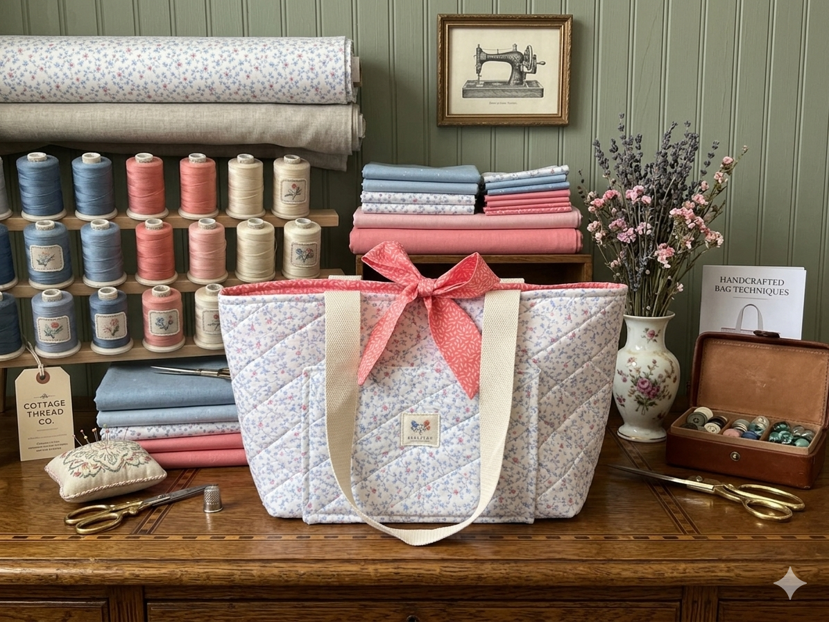 The Lavender and Ditsy Floral Quilted Market Tote featuring a delicate purple floral top print, a lavender and white gingham check quilted base, cream webbing shoulder straps, and matching gingham top ties, resting upright on a rustic wooden workshop table.