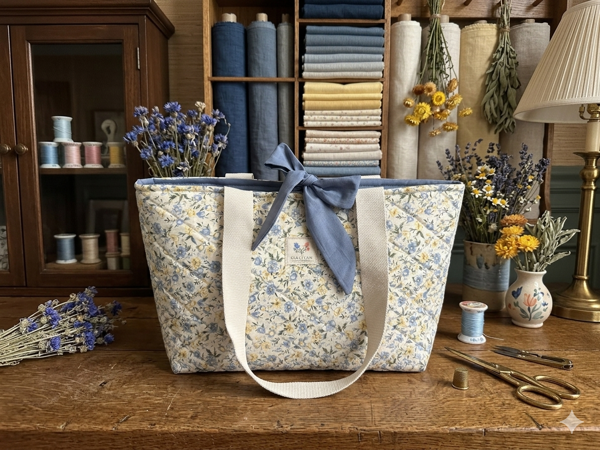 The Meadow Flora Quilted Market Tote featuring a delicate blue and yellow botanical print on cream quilted fabric, designed with wide cream webbing shoulder handles and a contrasting slate blue fabric bow tied at the top opening, resting on a rustic wooden work table.
