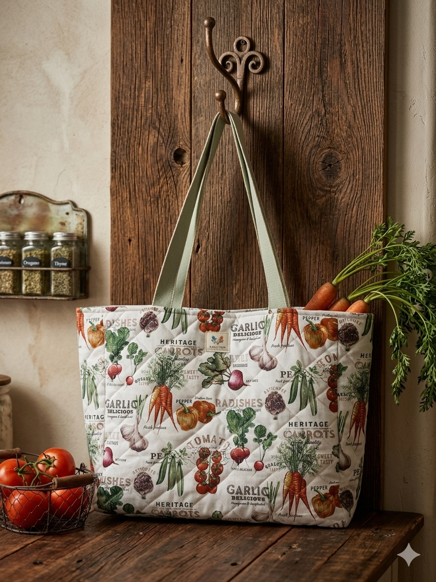 The Heirloom Harvest Quilted Carryall featuring a vintage botanical print of tomatoes and radishes, detailed with sage green shoulder straps and hanging on a rustic hook next to fresh tomatoes.