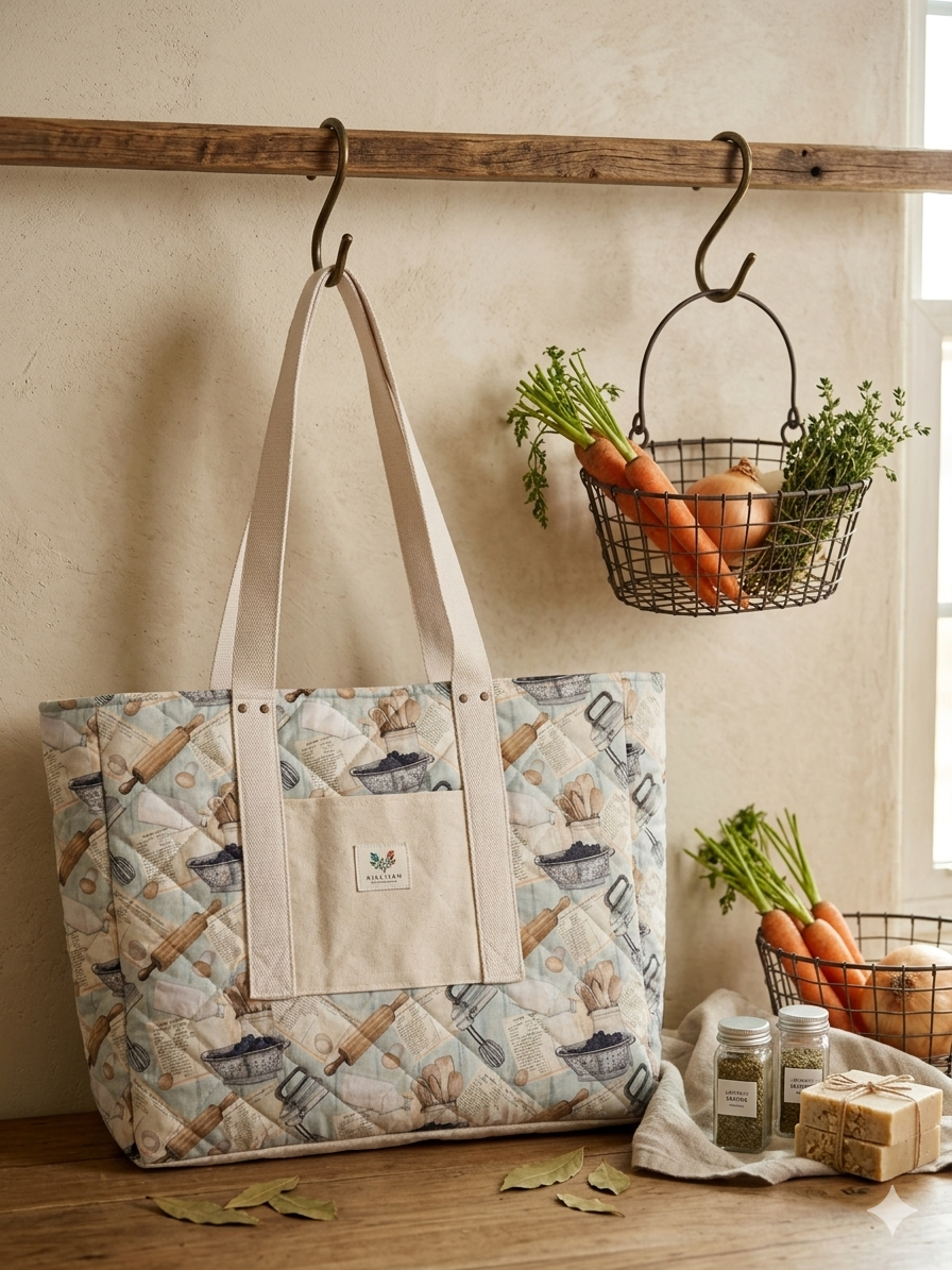 The Baker’s Quilted Market Carryall featuring a vintage recipe scrap fabric print with rolling pins and mixing bowls, detailed with a front canvas pocket and hanging on a brass wall hook next to a basket of carrots.
