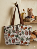 Tote bag with vegetable pattern hanging on a hook in a kitchen setting.