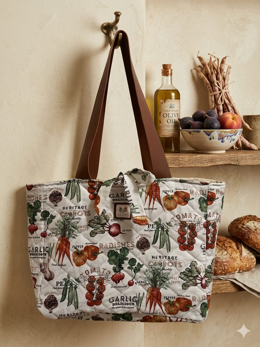Tote bag with vegetable pattern hanging on a hook in a kitchen setting.