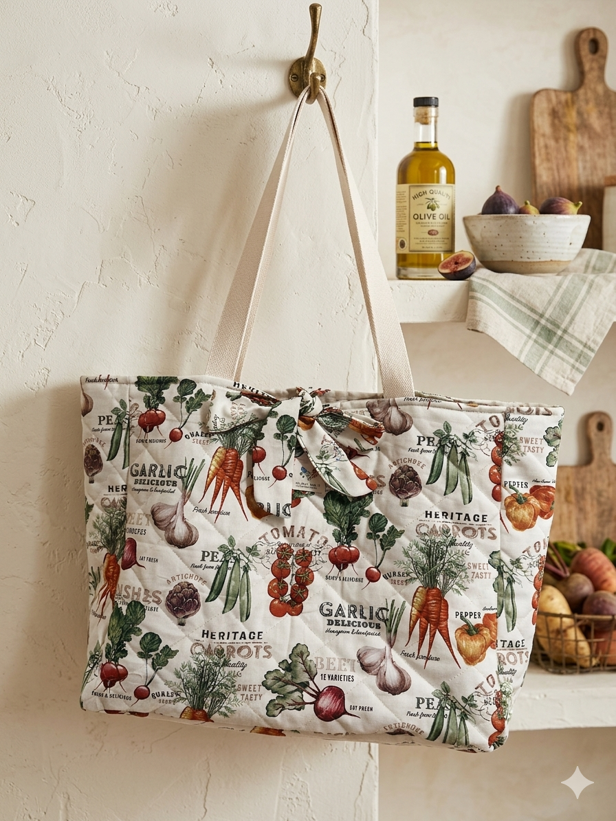 Tote bag with vegetable pattern hanging on a hook in a kitchen setting