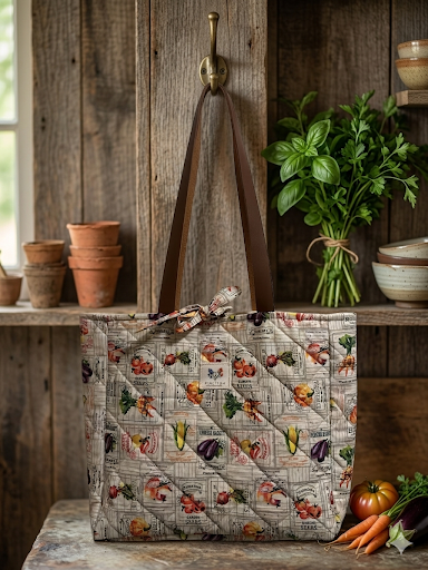Handmade quilted tote bag named The Homestead Seed Packet Quilted Carryall, featuring a vintage seed packet print and dark brown leather-style shoulder straps, hanging on a brass hook in a rustic kitchen.