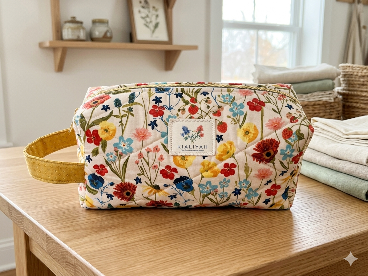 Floral quilted cosmetic bag with yellow zipper, handmade wildflower fabric pouch for makeup and travel storage.
