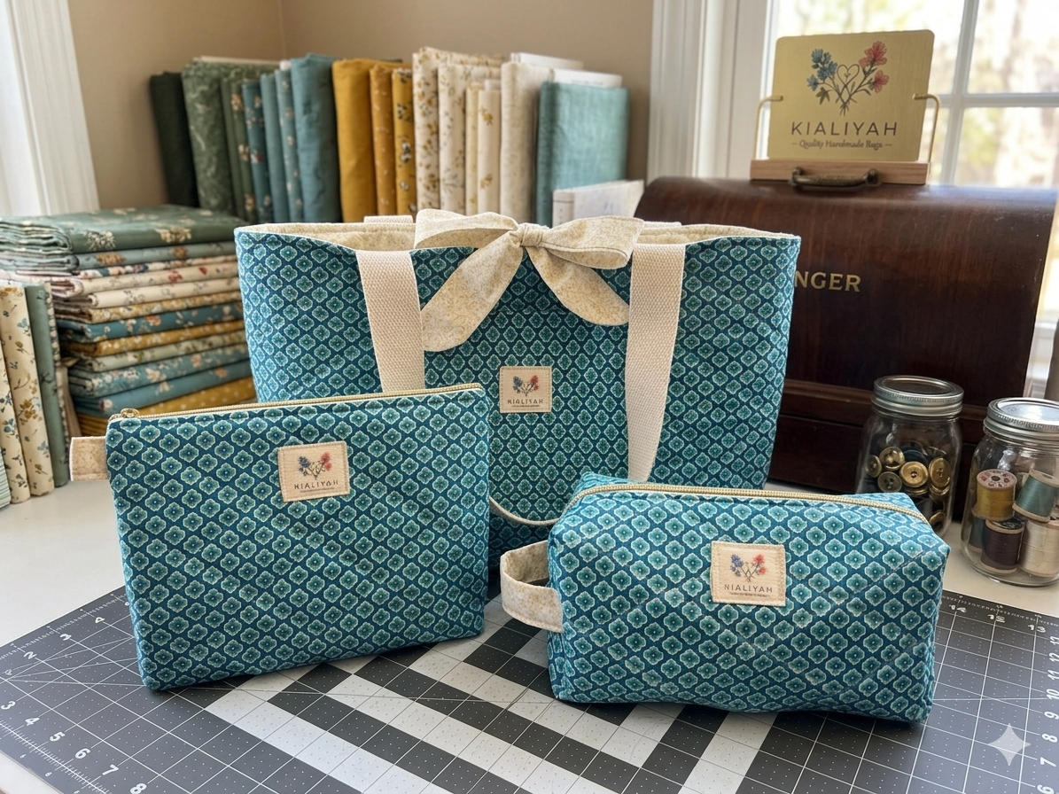 French Quarter Quilted Travel Bundle featuring a matching teal and cream geometric floral canvas tote bag with a cream bow, a boxy cosmetic case, and a flat zipper pouch on a gray cutting mat.