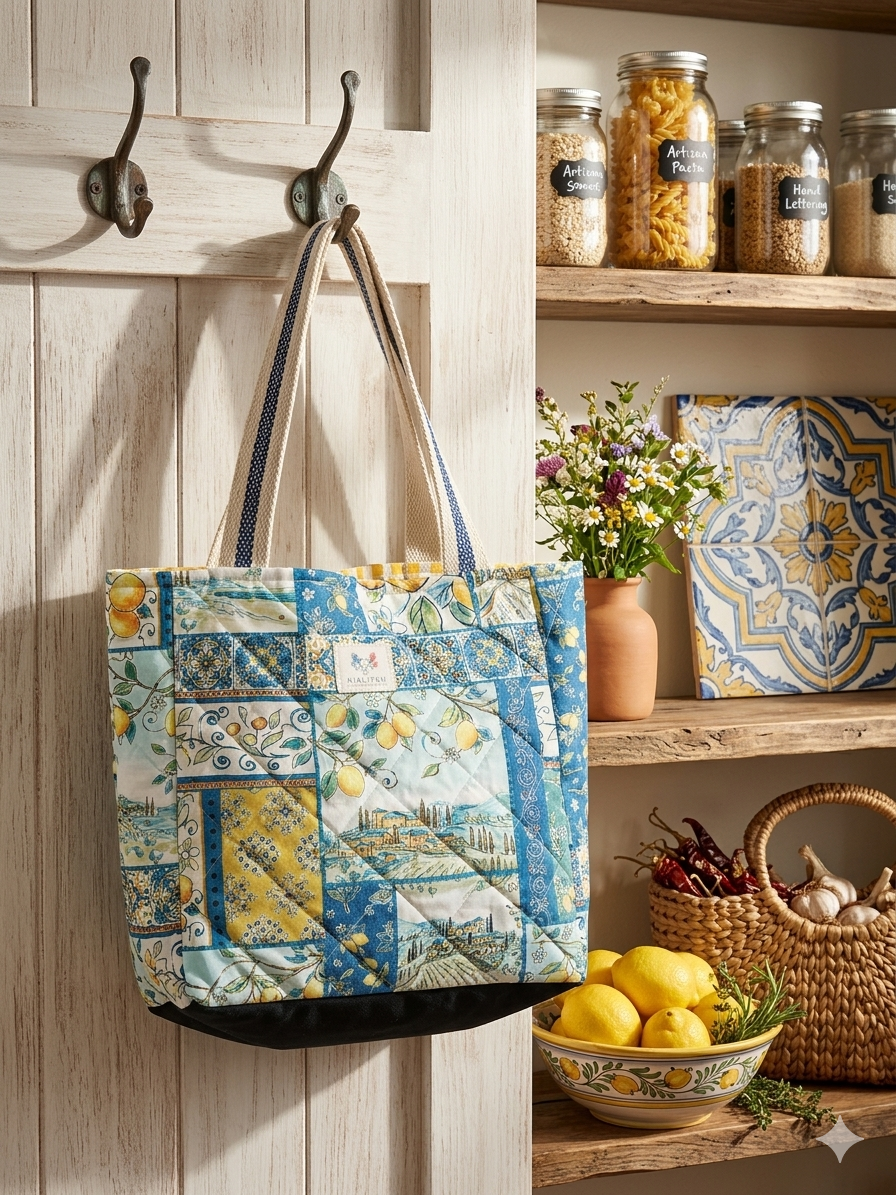 Tuscan Orchard Quilted Carryall canvas grocery bag featuring a yellow lemon and blue majolica tile patchwork print, flat cream shoulder straps with blue trim, and a central brand label hanging from a hook.
