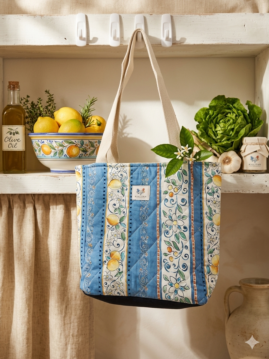 Amalfi Stripe Quilted Carryall canvas grocery bag featuring a vertical blue and cream stripe pattern with yellow lemons, wide cream shoulder straps, and a central brand label hanging from a pantry shelf.