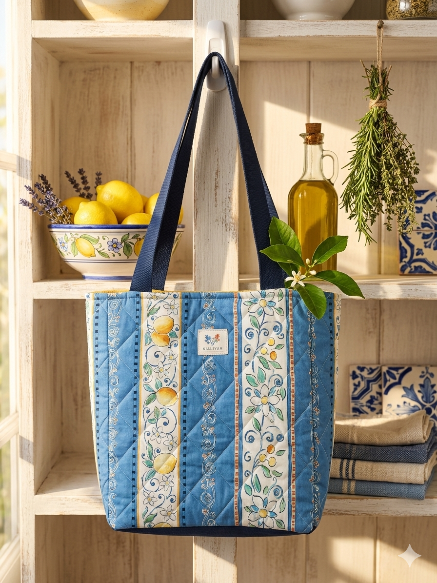 Blue patterned tote bag hanging on a wooden shelf with lemons and herbs.
