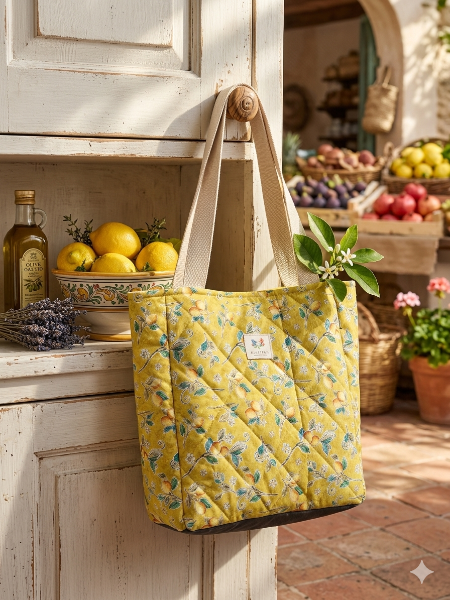 Capri Orchard Quilted Carryall canvas grocery bag featuring a mustard yellow print with lemons and white flowers, wide cream shoulder straps, and a central brand label hanging from a white cabinet hook.