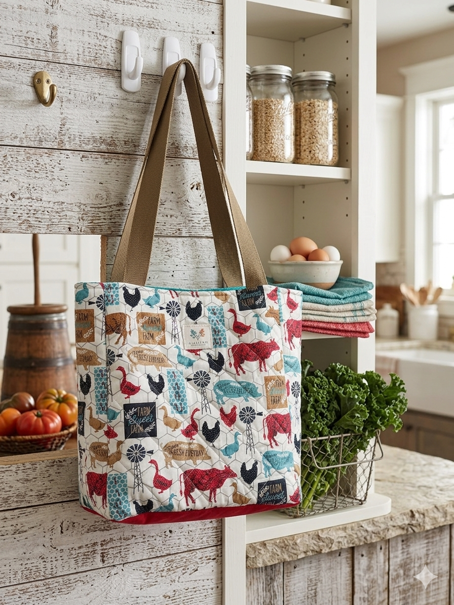 Country Pasture Quilted Carryall canvas grocery bag featuring a white chicken wire print with red cows, chickens, and windmills, wide olive green shoulder straps, and a central brand label hanging from a white hook.