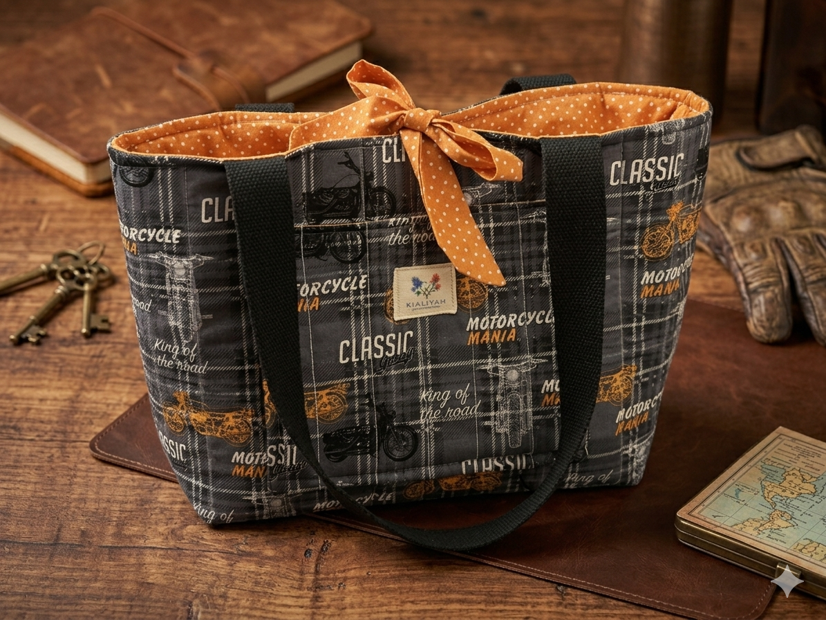 Highway Classic Quilted Tote canvas shoulder bag with a charcoal plaid vintage motorcycle print, black handles, and a bright orange polka dot bow on a leather mat.